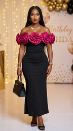 Deme & Anor Midnight Magnolia Rosette Maxi Dress featuring a flowing silhouette, floral pattern, and elegant design.