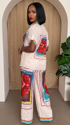 Rosa Frame Button-up Resort Set by My Store featuring a pink floral top and matching shorts, perfect for summer vacations.