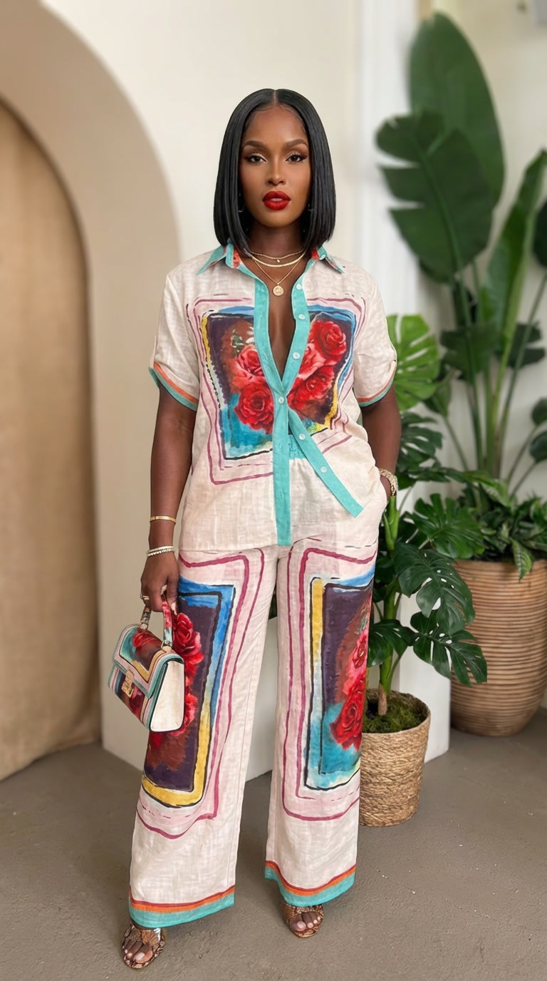 Rosa Frame Button-up Resort Set by My Store featuring a floral print top and matching shorts on a model.
