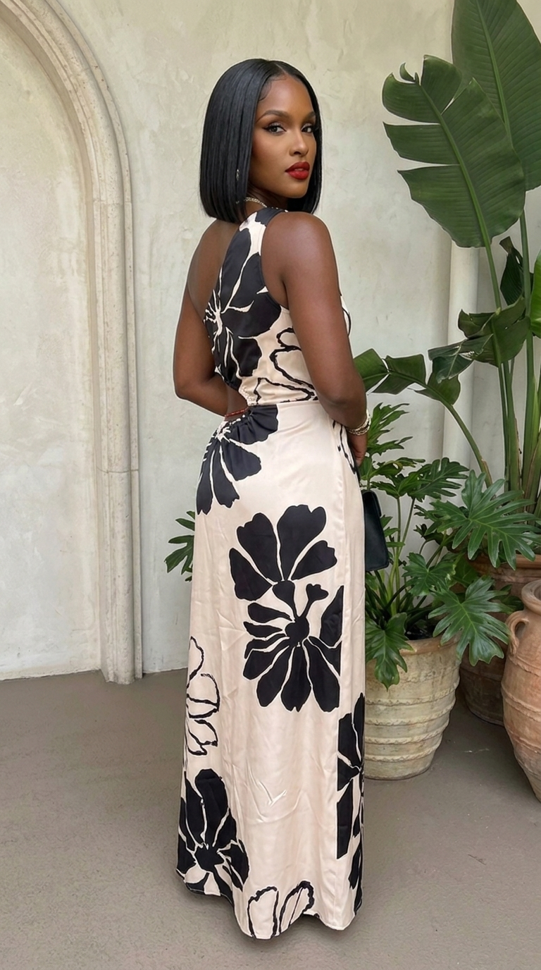 Elegant black one-shoulder dress from Noir Bloom collection, featuring a stylish silhouette and smooth fabric.