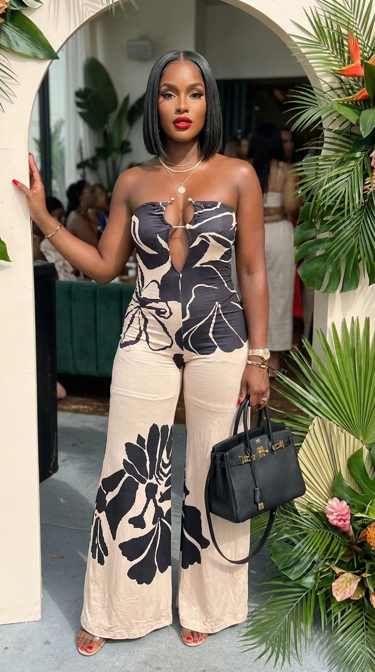Midnight Bloom halter jumpsuit from My Store featuring a fitted bodice, wide-leg pants, and elegant nighttime floral print.