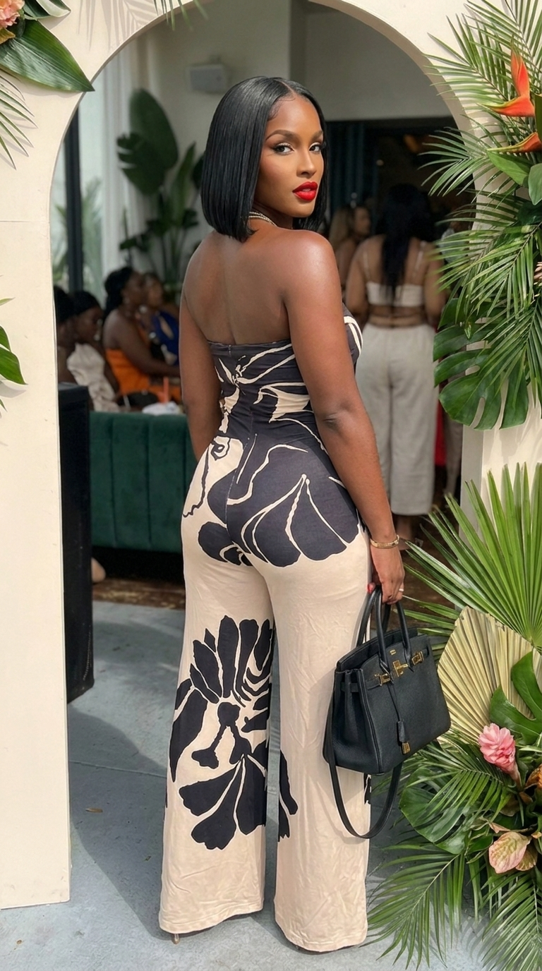Midnight Bloom halter jumpsuit by My Store, featuring a stylish black design with a halter neckline and flowing wide-leg pants.