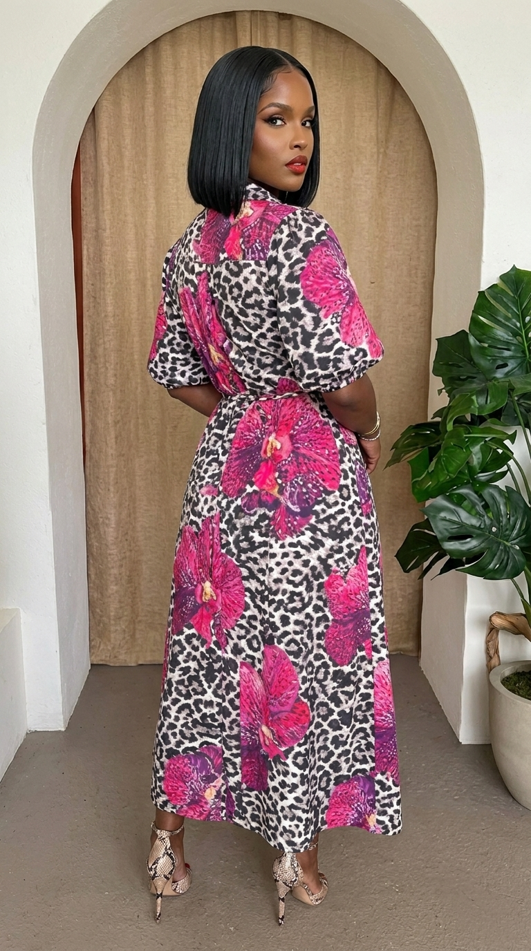 Orchid pink midi resort dress with puff sleeves, flowy fabric, and floral pattern from My Store.