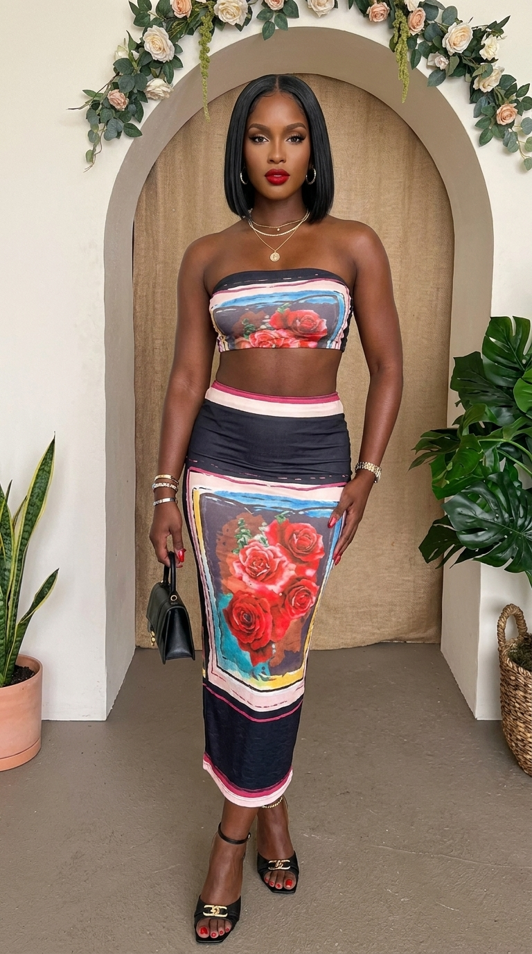My Store Midnight Bloom strapless skirt set featuring a stylish crop top and matching high-waisted skirt in elegant midnight blue.