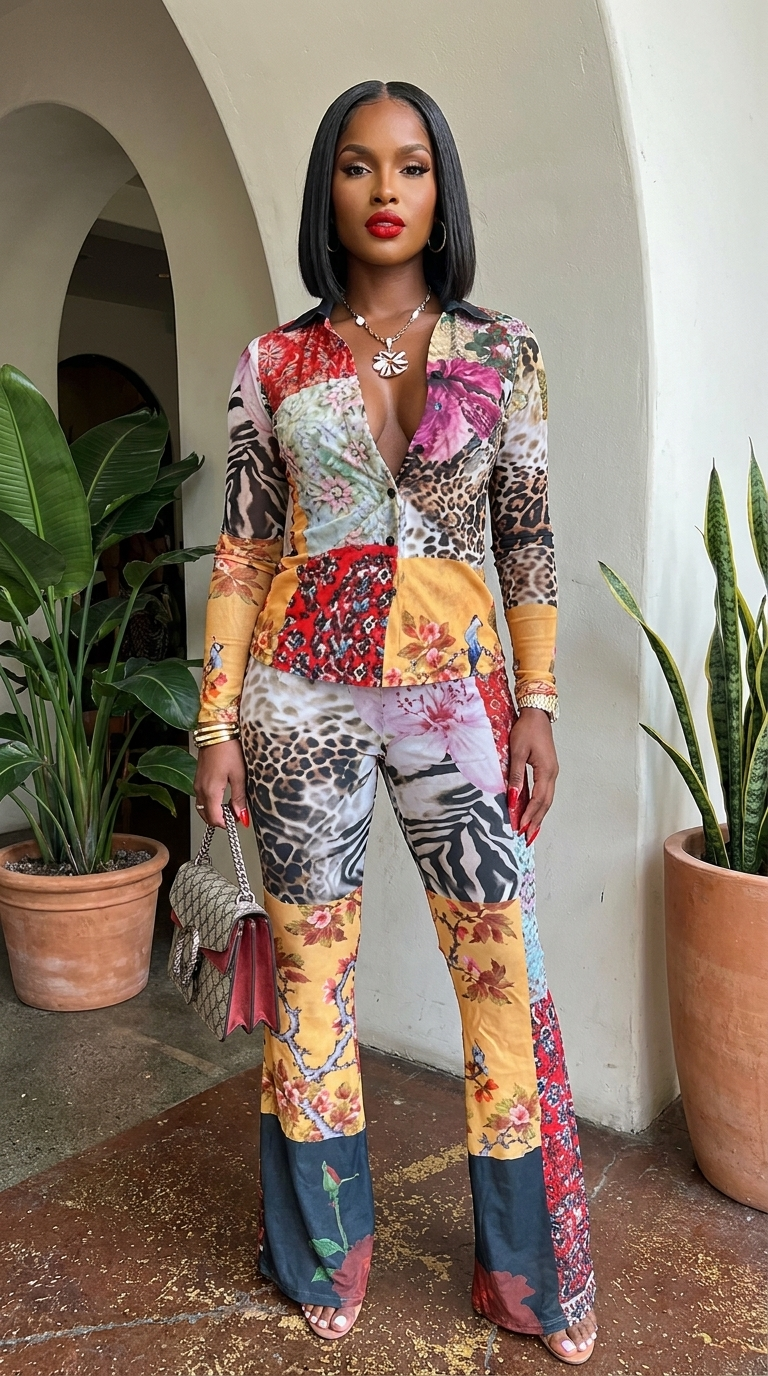 Safari Dreams Pant Set by My Store featuring lightweight, patterned fabric with a relaxed fit and stylish design.