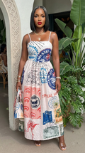 Italian Escape maxi dress by My Store, flowing fabric, floral pattern, and sleeveless design displayed on a hanger.
