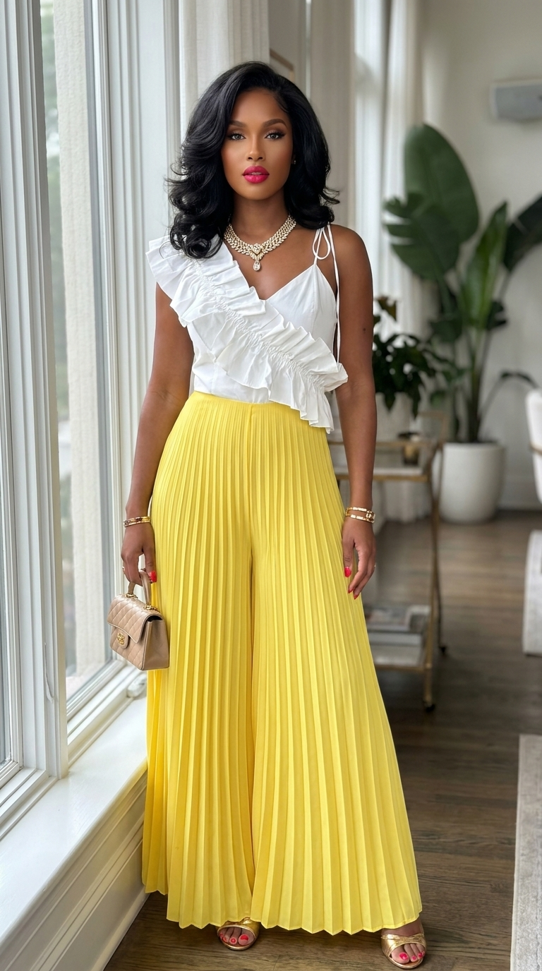 Deme & Anor cami jumpsuit with asymmetrical ruffle detail, pleated bottom, and sleeveless design on a mannequin.