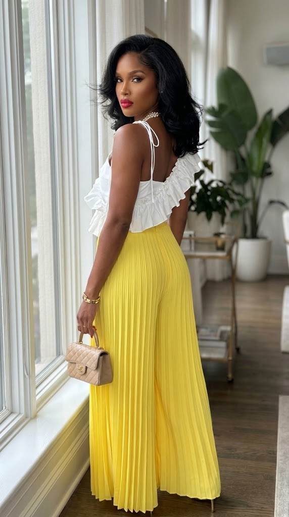 Deme & Anor cami asymmetrical ruffle detail pleated bottom jumpsuit displayed on a hanger, featuring ruffle accents and pleated design.