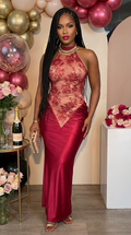 Crimson lace hourglass maxi dress with fitted bodice and flowing skirt, featuring intricate lace details and elegant design.