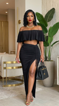 Solid Ity Off The Shoulder Ruffled Cropped Top And Ruched Maxi Skirt Two Piece Set