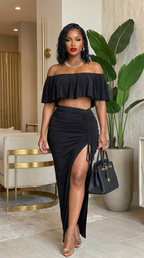 Solid Ity Off The Shoulder Ruffled Cropped Top And Ruched Maxi Skirt Two Piece Set