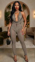 Deme & Anor cowl neck knit mesh jumpsuit featuring a relaxed fit and stylish draped neckline, shown on a model.