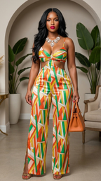 Luxe geo print satin bra top and palazzo jumpsuit