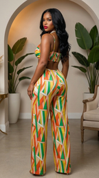 Luxe geo print satin bra top and palazzo jumpsuit