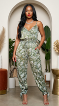 V Neck Sleeveless Paisley Jumpsuit With Tie Waist