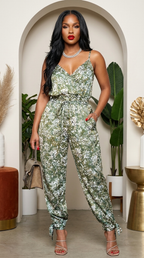 V Neck Sleeveless Paisley Jumpsuit With Tie Waist