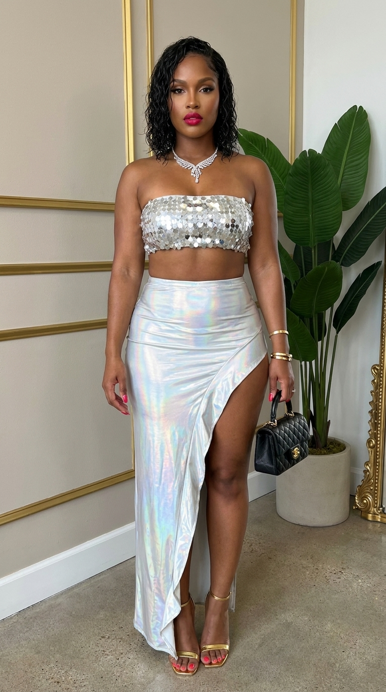 Metallic sequin crop top and skirt set by Deme & Anor, featuring shiny fabric and fitted silhouette for a stylish look.
