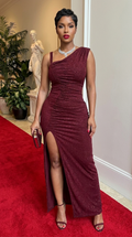 Deme & Anor Riviera Glitter Slitted Maxi Dress in shimmering fabric with slit detail, elegant and flowy for formal occasions.