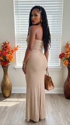 Glitter Ity Tube Maxi Dress by My Store displayed on a hanger, featuring a shimmering fabric and fitted silhouette.