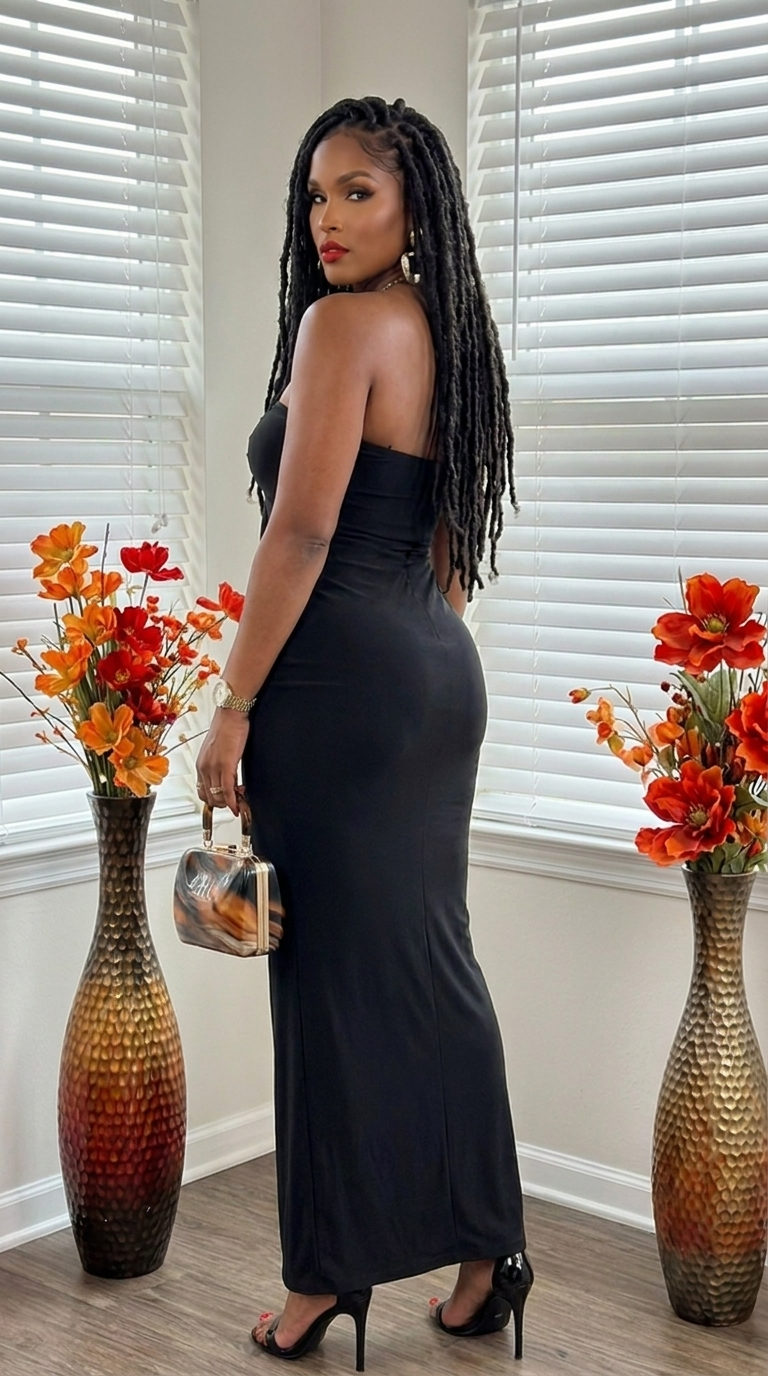 Elegant black maxi dress with modern construction and glamorous design, featuring a flowing silhouette and stylish details.