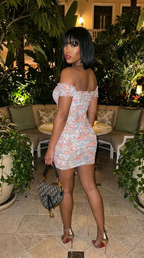 Floral Print Mesh Sweetheart Ruffled Off Shoulder Ruched Mini Dress
