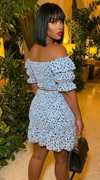Smocking Ruffled Printed Top & Skirts Set