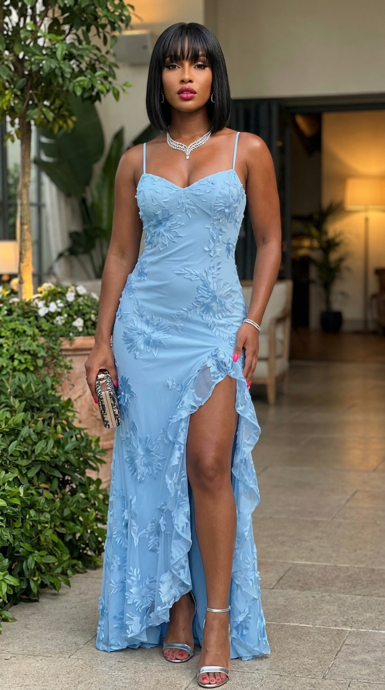 Ruffled Trim Slit Floral Maxi Dress