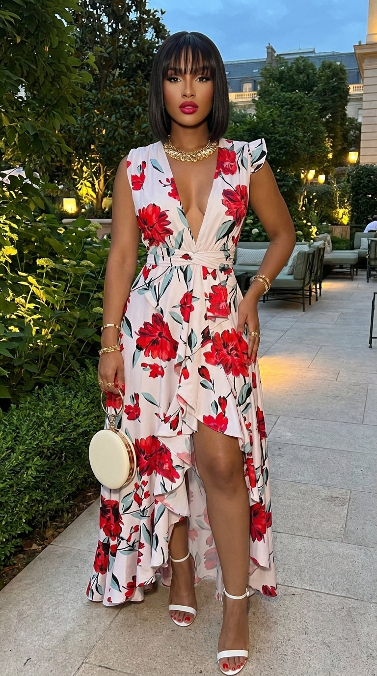 Ruffled Plunge Sleeveless Maxi Dress