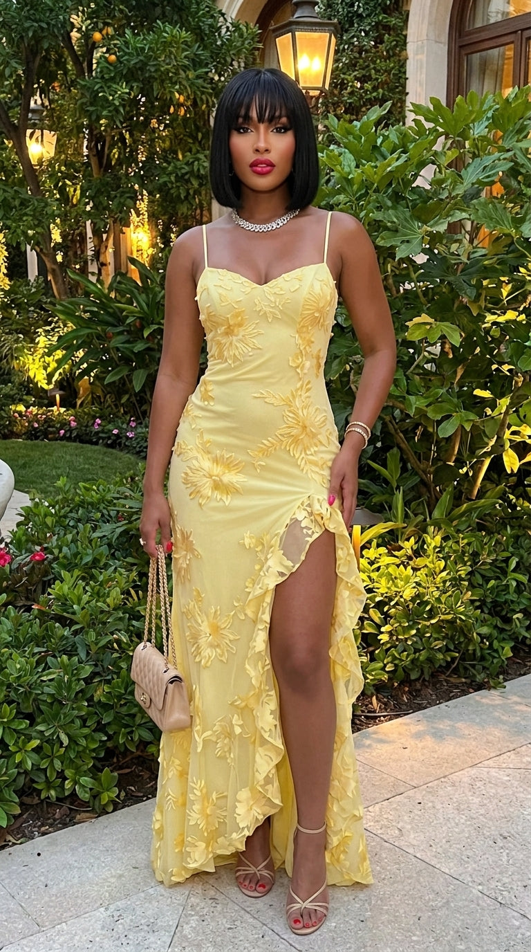 Ruffled Trim Slit Floral Maxi Dress