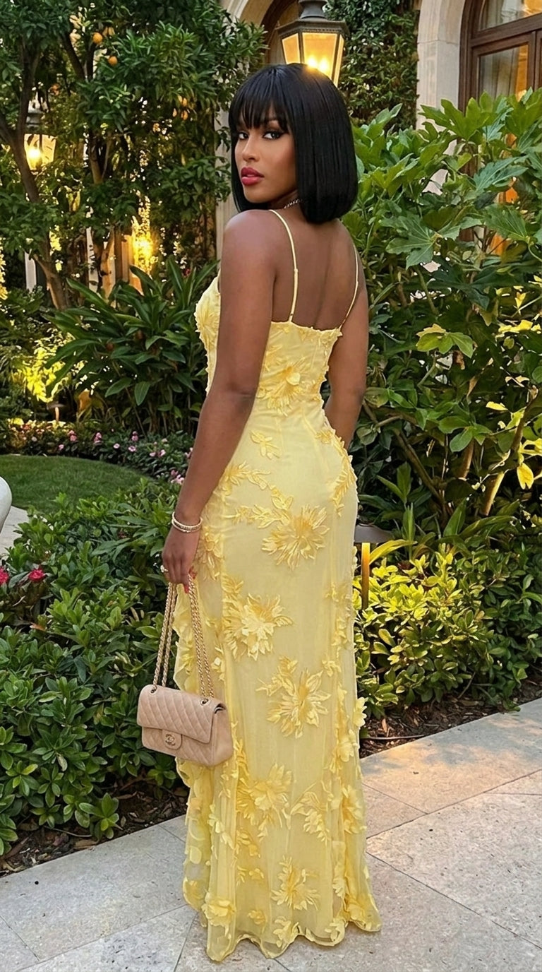 Ruffled Trim Slit Floral Maxi Dress