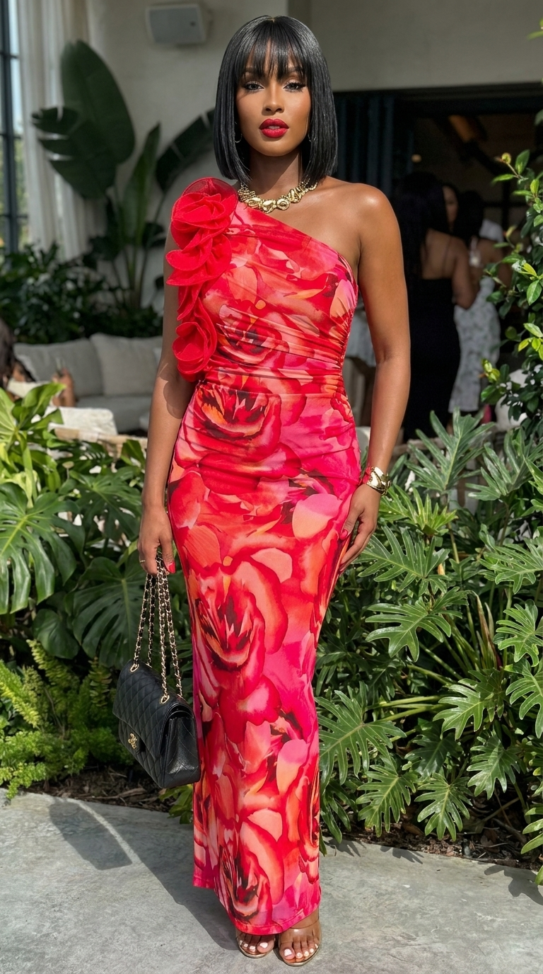 Floral Print One-Shoulder Maxi Dress