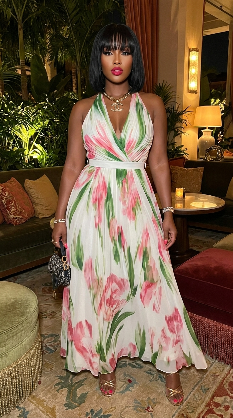 Floral Print Halter Neck Maxi Dress