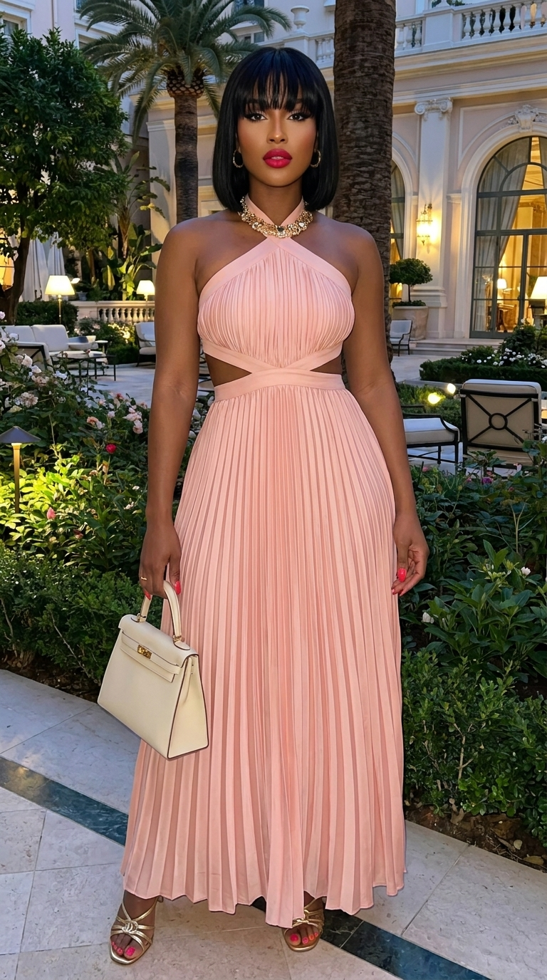 Halter Neck Pleated Maxi Dress
