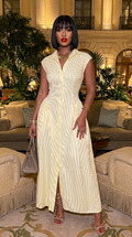 Front Slit Collar Cap Sleeve Ruched Waist Long Dress