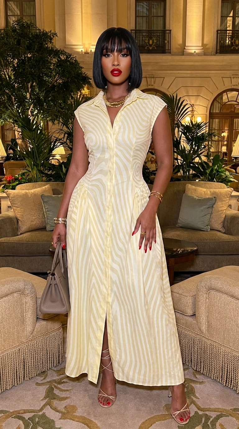 Front Slit Collar Cap Sleeve Ruched Waist Long Dress