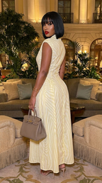 Front Slit Collar Cap Sleeve Ruched Waist Long Dress