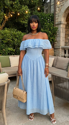 Solid Off Shoulder Corset Ruffle Long Dress