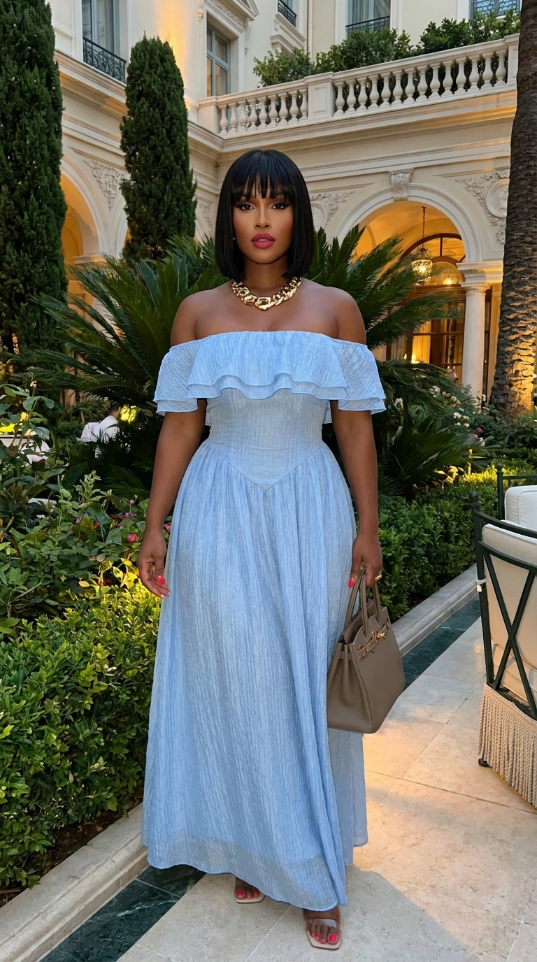 Solid Off Shoulder Corset Ruffle Long Dress