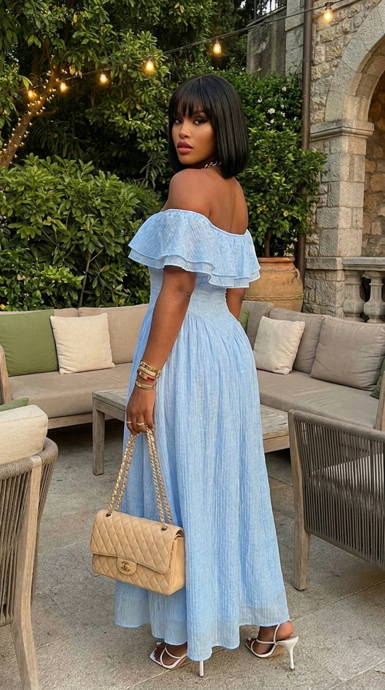 Solid Off Shoulder Corset Ruffle Long Dress