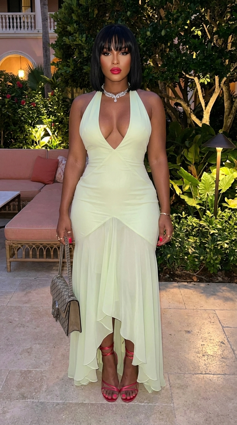 Solid Halter Deep V Backless Maxi Tulle Dress