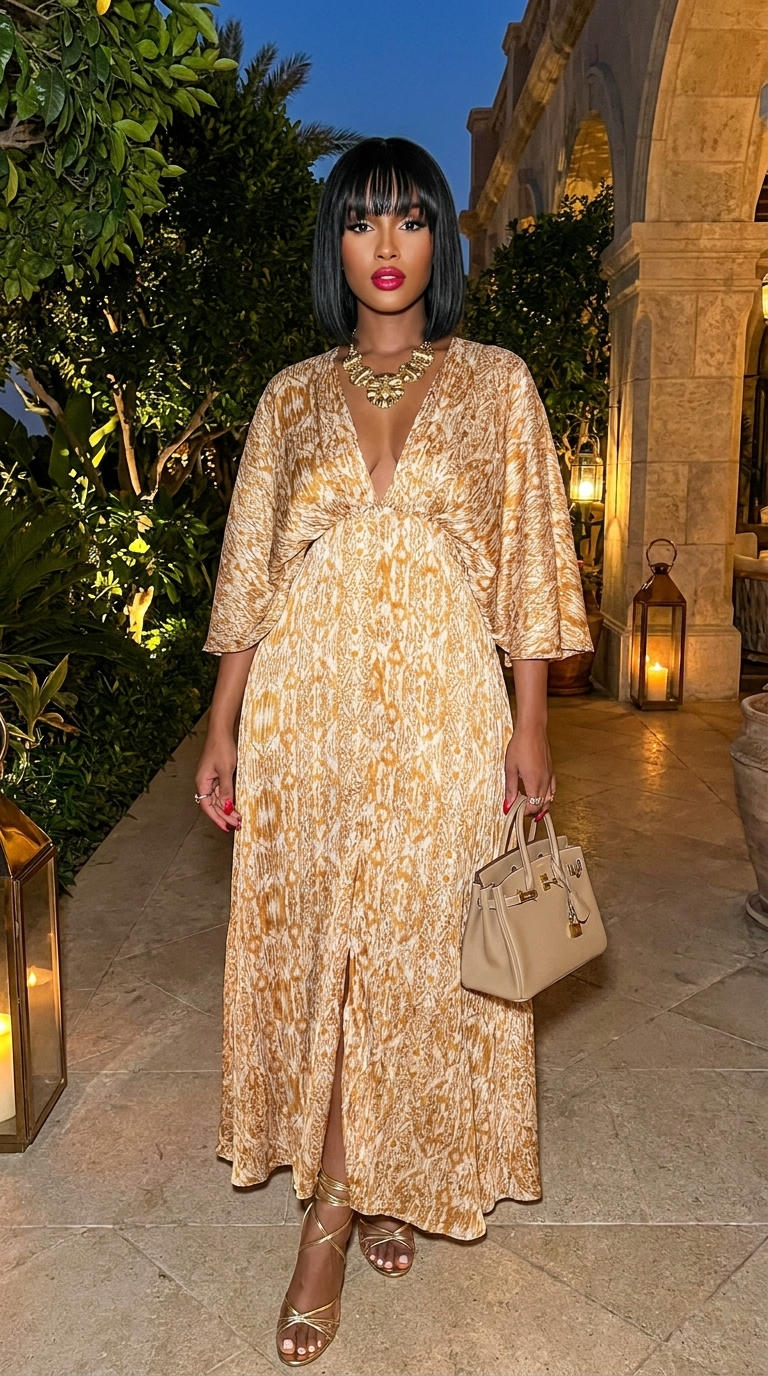 Bohemian Lurex Chiffon Cape Maxi Dress