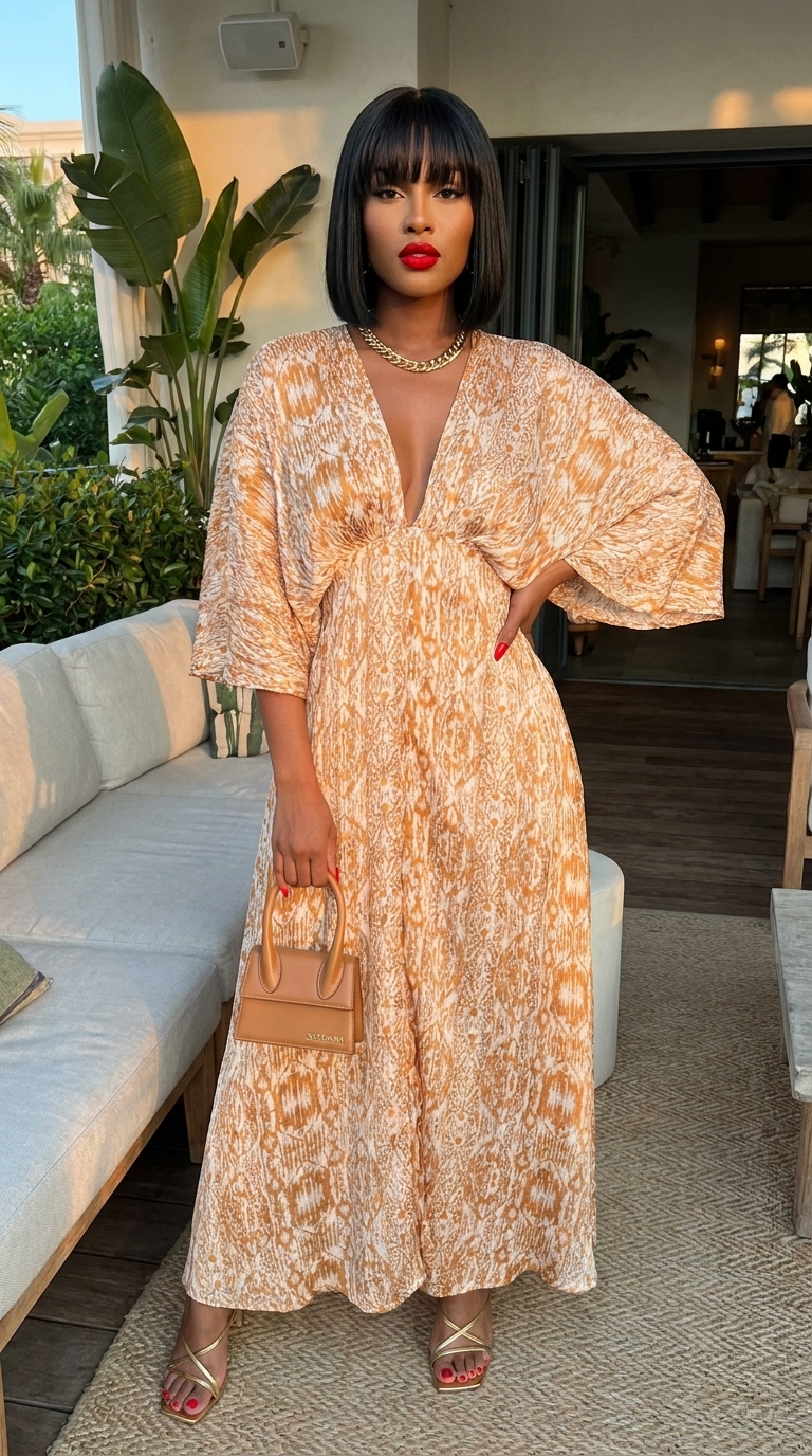 Bohemian Lurex Chiffon Cape Maxi Dress