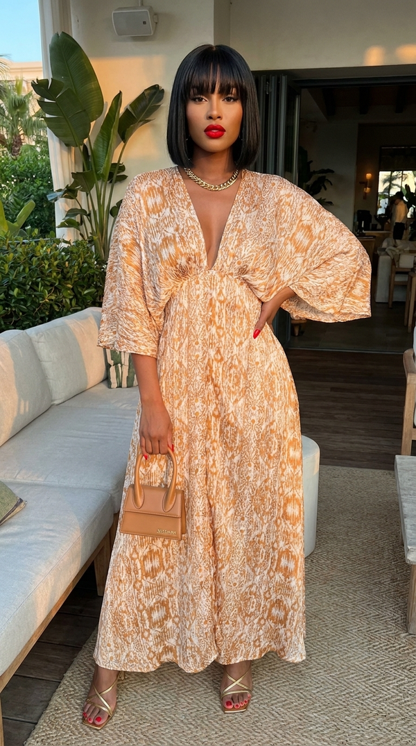 Bohemian Lurex Chiffon Cape Maxi Dress