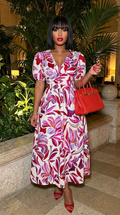 Puff Sleeves V Neck Floral Printed Midi Dress