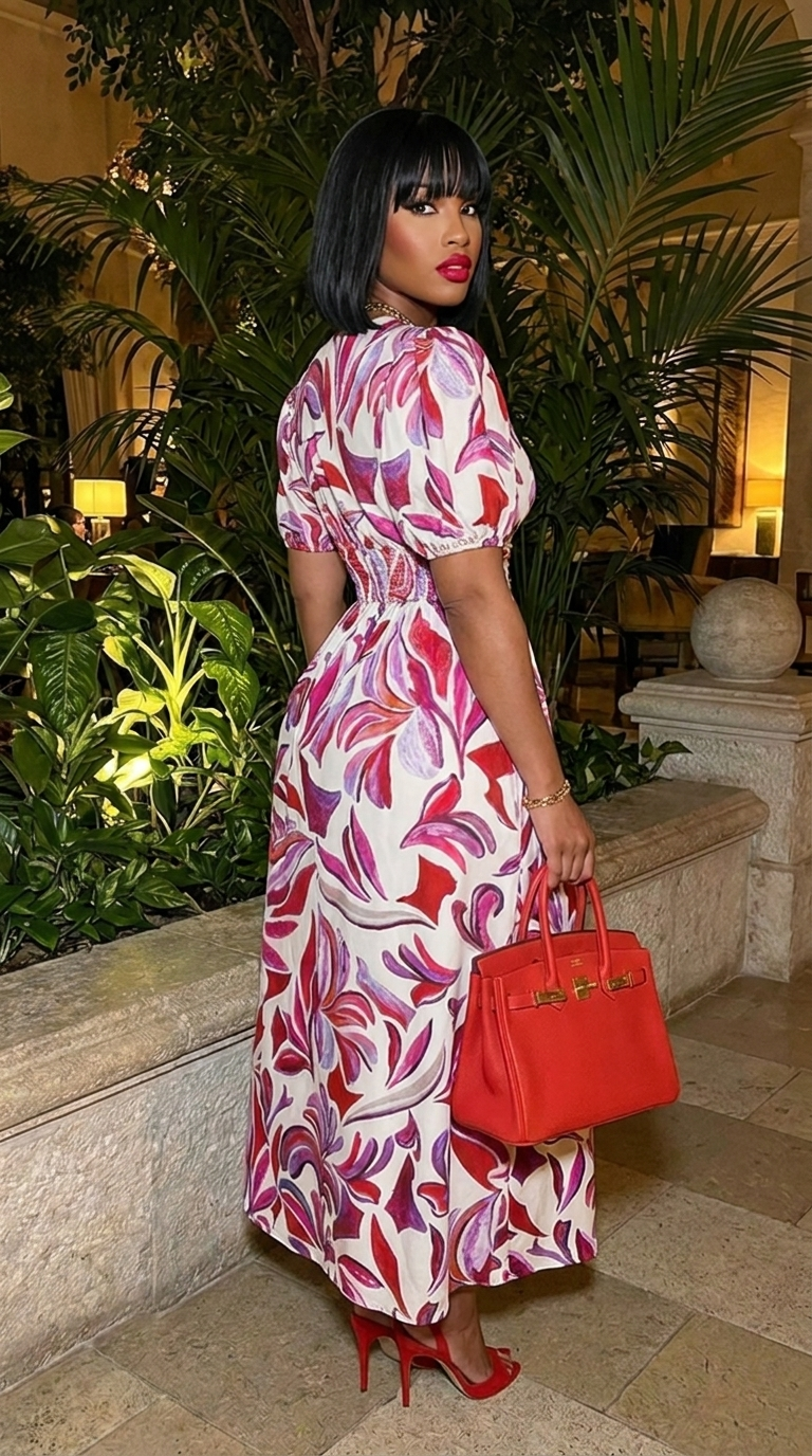 Puff Sleeves V Neck Floral Printed Midi Dress