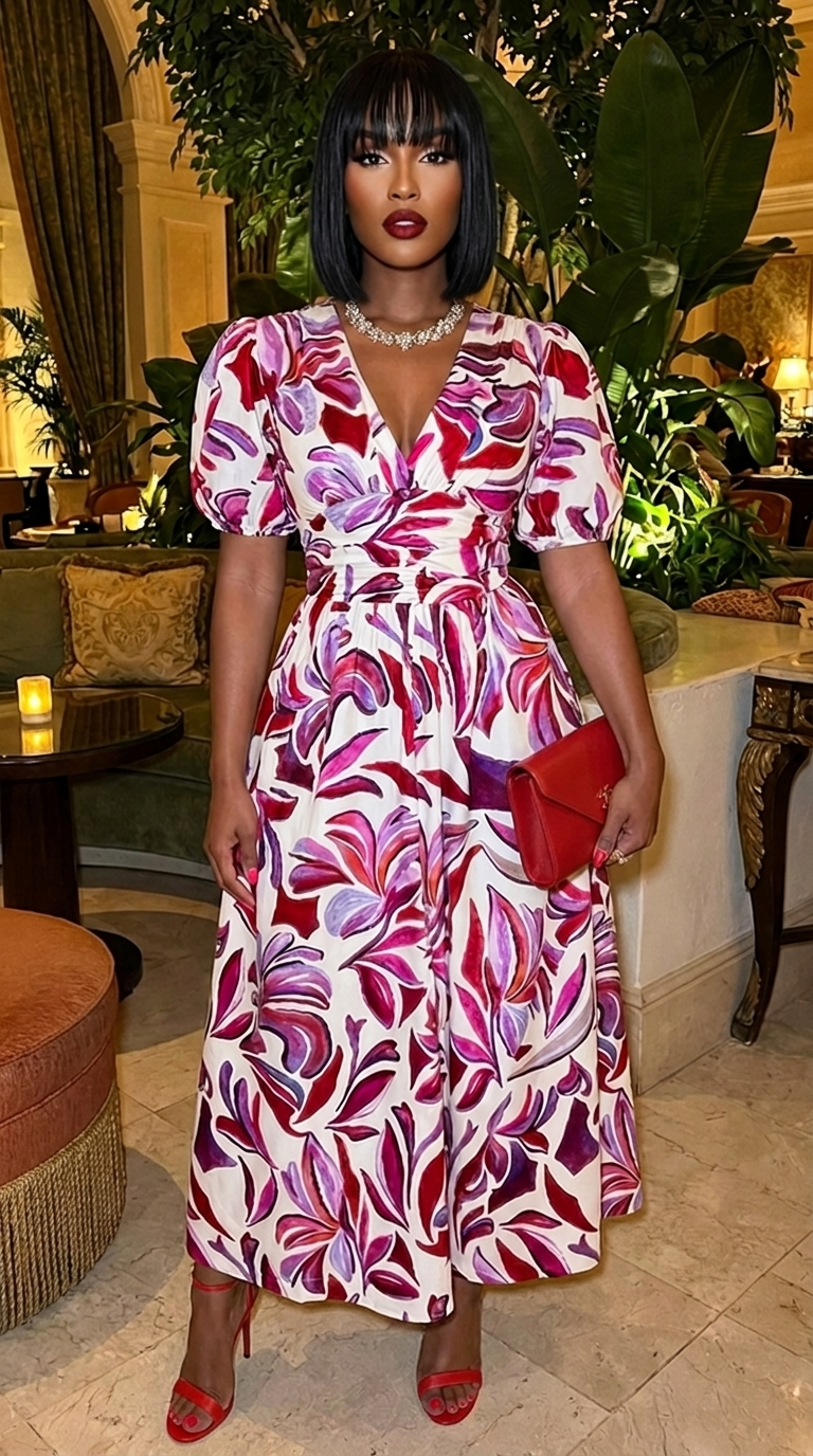Puff Sleeves V Neck Floral Printed Midi Dress