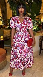 Puff Sleeves V Neck Floral Printed Midi Dress
