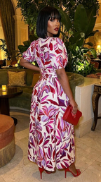 Puff Sleeves V Neck Floral Printed Midi Dress