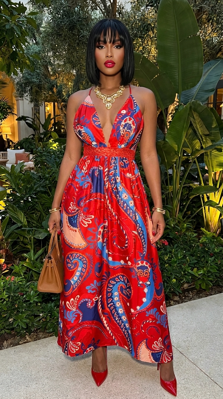 Halter Cross Back High Waist Deep V Neck Dress