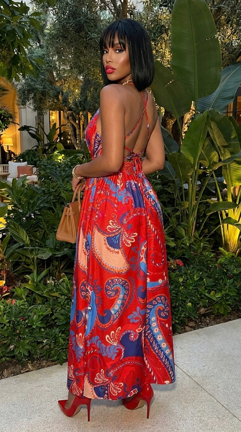 Halter Cross Back High Waist Deep V Neck Dress